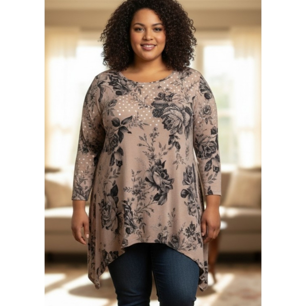 Kate Park Floral Sharkbite hem Sweater Dusty Pink Size 2X